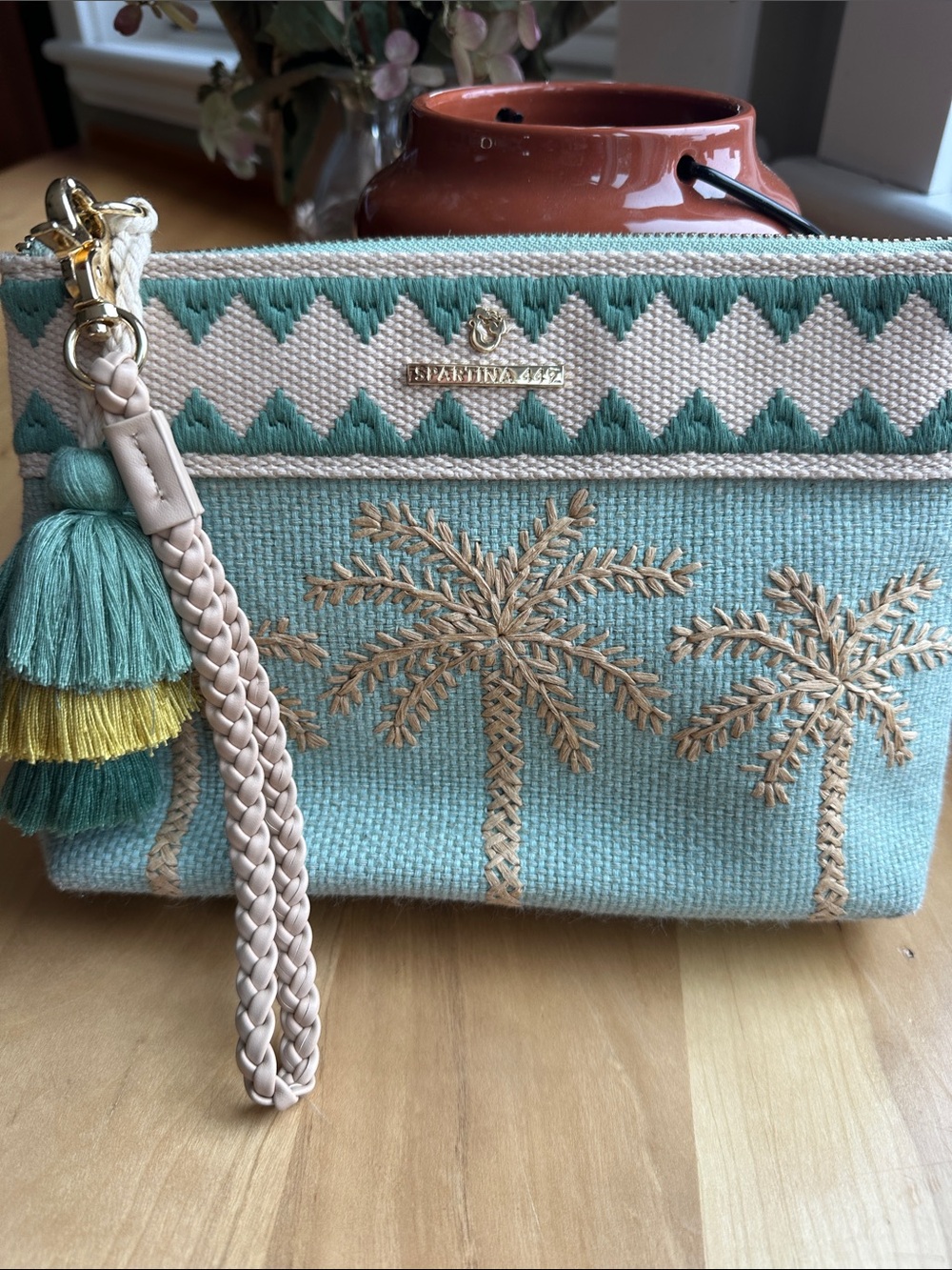 Spartina 449 Seafoam and Beige Palm Embroidered Wristlet with Tassel